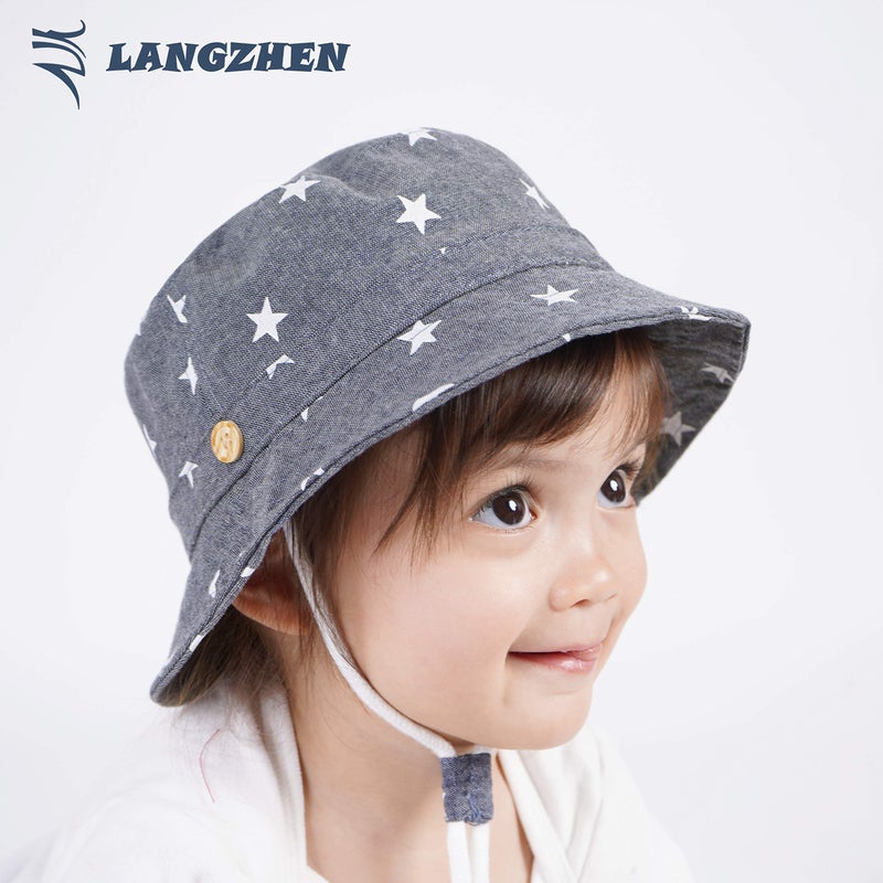 LANGZHEN Sun Protection Hat for Kids Toddler Boys Girls Wide Brim Summer Outdoor hat Cotton Baby Bucket Hat with Chin Strap (Dark Blue - Stars, XS: 3M-6M (46cm /18.1")) - Image 3